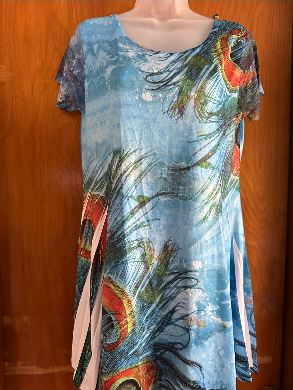 Peacock Feather Asymmetrical Tunic Mini Dress Cover Up OS